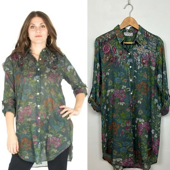 Vintage Goa Green Floral Embroidered Button Down Shirt-Dress Top Sz M - Picture 1 of 11